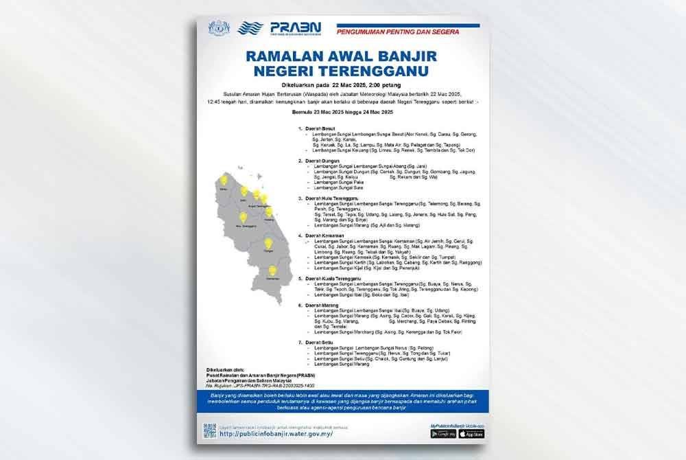 Ramalan awal banjir dikeluarkan Pusat Ramalan dan Amaran Banjir Negara (PRABN) pada Sabtu.