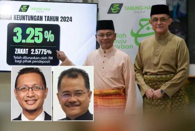 Menteri di Jabatan Perdana Menteri (Hal Ehwal Agama) Datuk Mohd Na’im Mokhtar (kiri) dan Pengarah Urusan Kumpulan dan Ketua Pegawai Eksekutif Lembaga Tabung Haji (TH) Datuk Syed Hamadah Syed Othman bergambar pada sidang media pengumuman kadar agihan keuntungan TH Tahun Kewangan 2024 pada Jumaat. Foto Bernama. (Gambar kecil dari kiri: Nuradli Ridzwan Shah, Dr Aimi Zulhazmi)