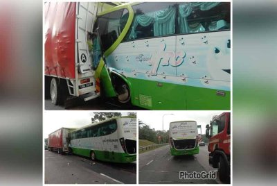 Keadaan bas persiaran yang merempuh belakang sebuah treler di Kilometer 43 Lebuhraya Elite. Foto sumber polis