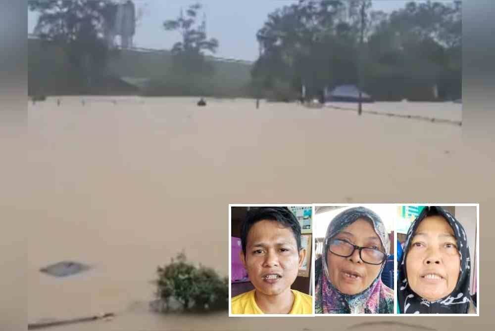 Keadaan banjir di Kampung Sepakat yang membuatkan penduduk terpaksa dipindahkan kebPPS. Gambar kecil: Milan, Saniah, Kamisah
