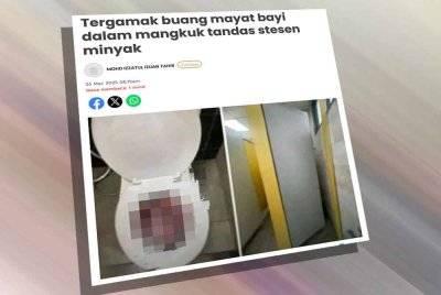 Laporan Sinar Harian mengenai penemuan mayat bayi di dalam mangkuk tandas wanita di sebuah stesen minyak di Sungai Haji Dorani pada tengah hari Ahad.