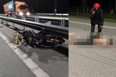 Motosikal dipercayai milik mangsa terperosok di pembahagi jalan selepas terlanggar bahagian belakang lori ketika konvoi di WCE arah selatan. Foto ihsan Polis