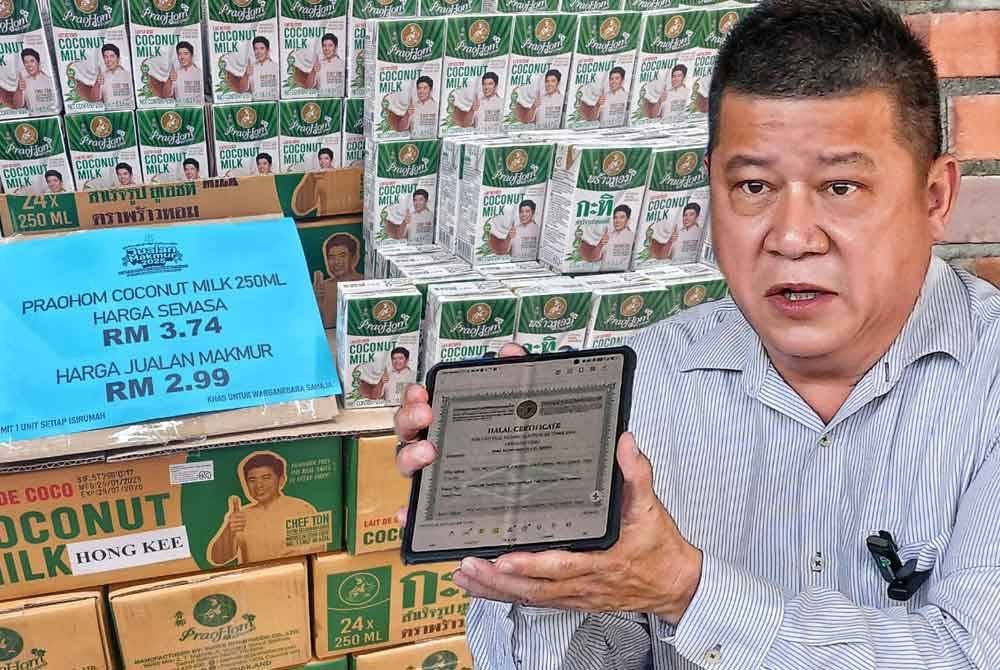 Chon Siang menunjukkan pengiktirafan sijil halal terhadap santan kotak keluar Thailand yang dijual di sebuah pasar raya di Tanjung Lumpur pada Isnin. - FOTO SINAR HARIAN