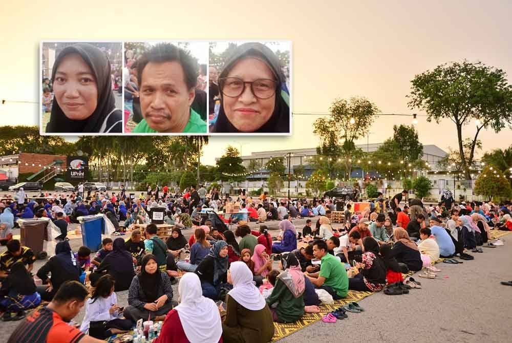 Ratusan pengunjung yang menghadiri Program Iftar Ala Madinah @ Karangkraf selesa menikmati juadah berbuka puasa sambil duduk bersila di Dataran Karangkraf, di Shah Alam. Gambar kecil: Roziana, Shahrul, dan Mahanum