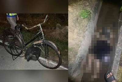 Keadaan basikal ditunggang mangsa yang terlibat kemalangan. Mayat mangsa (kanan) ditemukan dalam longkang.