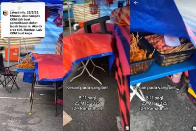 Tangkap layar video tular yang memaparkan tindakan peniaga menutup lebihan makanan dengan alas kanvas.