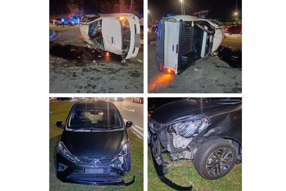 Keadaan 4x4 dan Perodua Myvi yang terlibat kemalangan di Jalan Springhill.