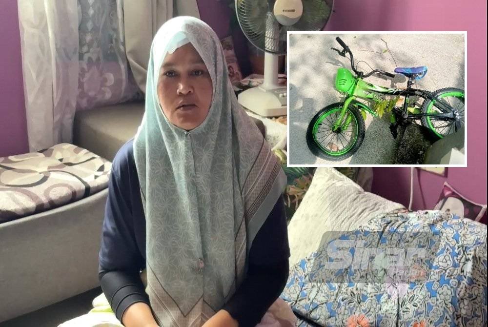 Azuraini ketika ditemui di rumahnya di PPR Hiliran, Kuala Terengganu pada Rabu. Gambar kecil: Basikal dibuang dari tingkat 12.