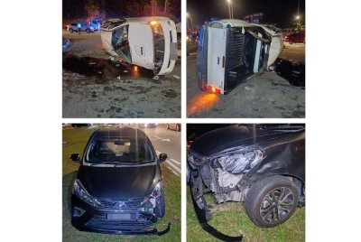 Keadaan 4x4 dan Perodua Myvi yang terlibat kemalangan di Jalan Springhill.