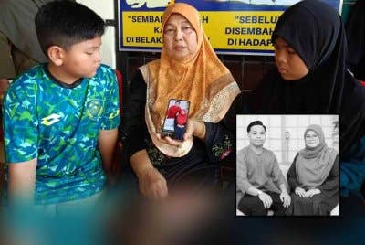 Rokiah (tengah) bersama Iman Firdaus dan Syazwani (kanan) menunjukkan gambar kenangan Intan dan Lokman yang meninggal dunia akibat kemalangan. Gambar kecil: Intan Suraya dan Lokman Hakim