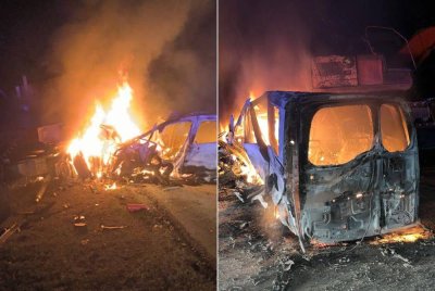 Keadaan kenderaan yang terlibat kemalangan di Kilometer 58.1, Lebuhraya PLUS arah selatan pada malam Khamis.