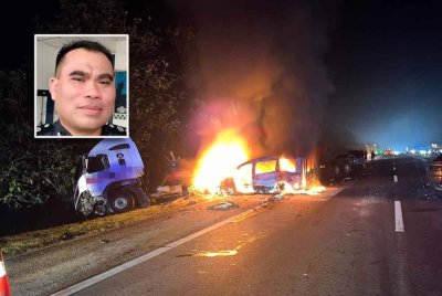 Kenderaan dinaiki enam sekeluarga terbakar akibat pelanggaran dengan sebuah treler yang terbabas dan masuk ke laluan bertentangan selepas tayar hadapan pecah. Gambar kecl; Bahrin