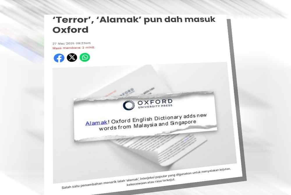 Laporan Sinar Harian mengenai OED yang mengiktiraf pengaruh bahasa Malaysia dan Singapura dengan kemasukan beberapa perkataan baharu dalam kemas kini terbarunya.