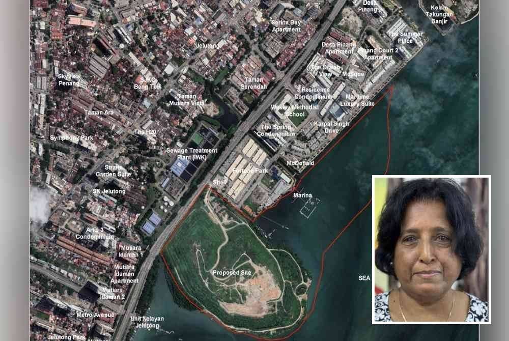 Kawasan tambakan tanah yang dicadangkan yang terletak berhampiran Tapak Pelupusan Sampah Jelutong dan Middle Bank. Gambar kecil: Meenakshi