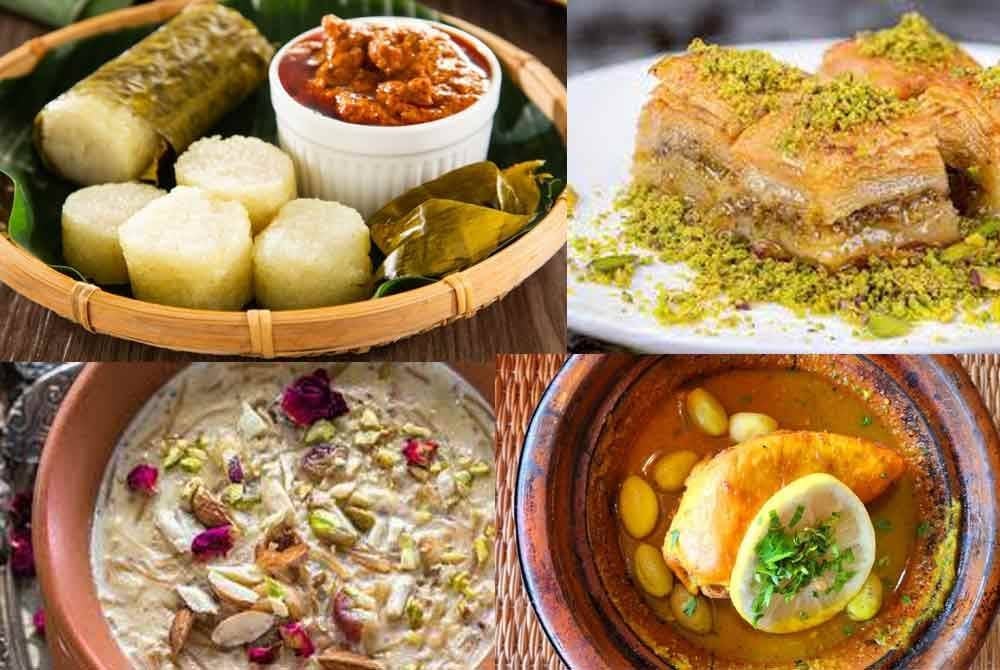 Atas kiri: Lemang, Baklava, bawah kiri: Sheer Khurma, Tagine