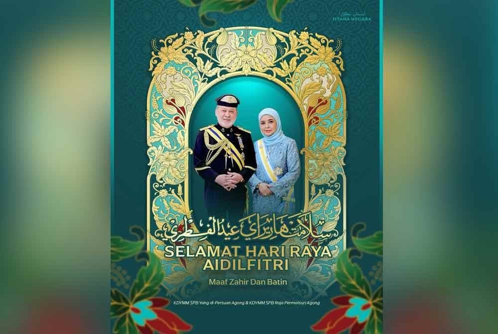 Yang di-Pertuan Agong Sultan Ibrahim dan Raja Permaisuri Agong Raja Zarith Sofiah, dalam perutusan Aidilfitri. Foto FB Sultan Ibrahim Sultan Iskandar