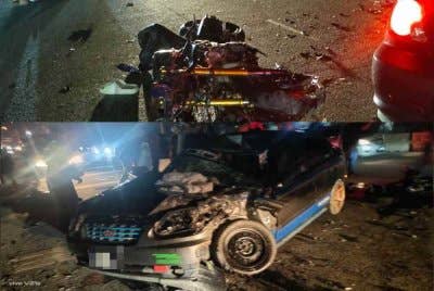 Dua lelaki maut dalam kemalangan melibatkan sebuah motosikal dan kereta di Kilometer 31.5, Jalan Kluang - Batu Pahat, Ayer Hitam pada malam Sabtu. Foto IPD Batu Pahat
