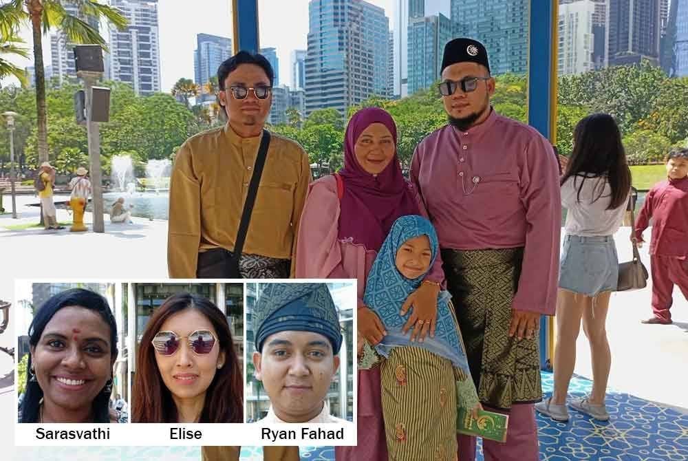 Segelintir keluarga Melayu yang menyambut perayaan di perkarangan KLCC. Foto kecil dari kiri, Elise (kiri), Sarasvathi, Ryan Fahad.