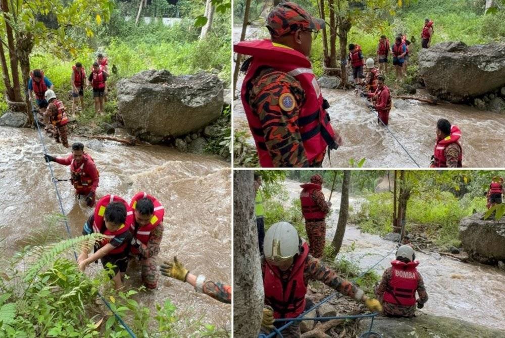 Tujuh sekeluarga yang sedang beriadah di Lata Batu Hampar, Kuala Kangsar berdepan detik cemas apabila mereka terperangkap akibat kepala air sebelum diselamatkan sepasukan bomba dalam kejadian petang tadi. Foto JBPM Perak