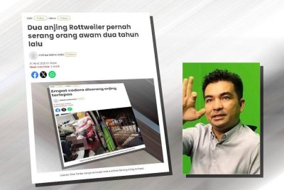 Laporan Sinar Harian berkaitan orang awam cedera diserang anjing. (Gambar kecil: Mohamad Yusrizal)