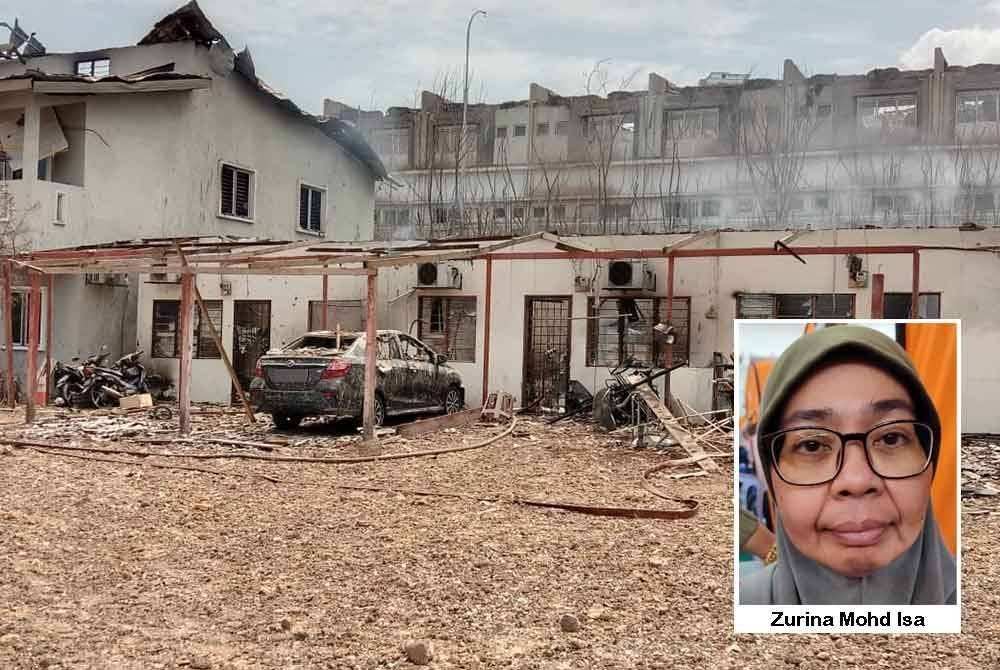 Keadaan rumah sewa Zurina yang musnah dalam kejadian kebakaran saluran gas. (Gambar kecil: Zurina)