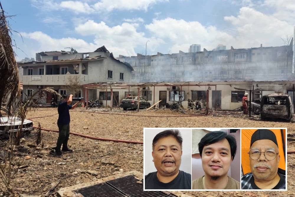 Keadaan kediaman penduduk yang musnah selepas insiden kebakaran paip gas di Putra Heights. (Gambar kecil: Masri Ariffin, Nadzmi Roslaimee, Zoolkapli Mohd Yusof)