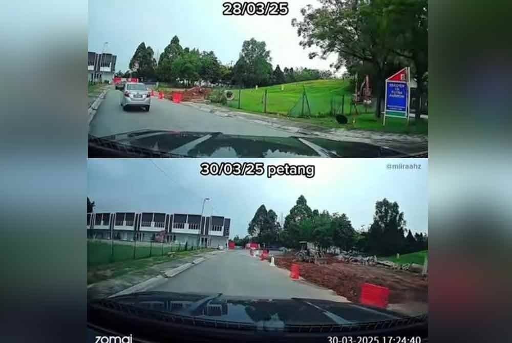 Tangkap layar video dashcam pada 28 Mac menunjukkan kehadiran jentera pengorek. Tangkap layar video dashcam pada 30 Mac menunjukkan kehadiran jentera pengorek kaut (bawah).