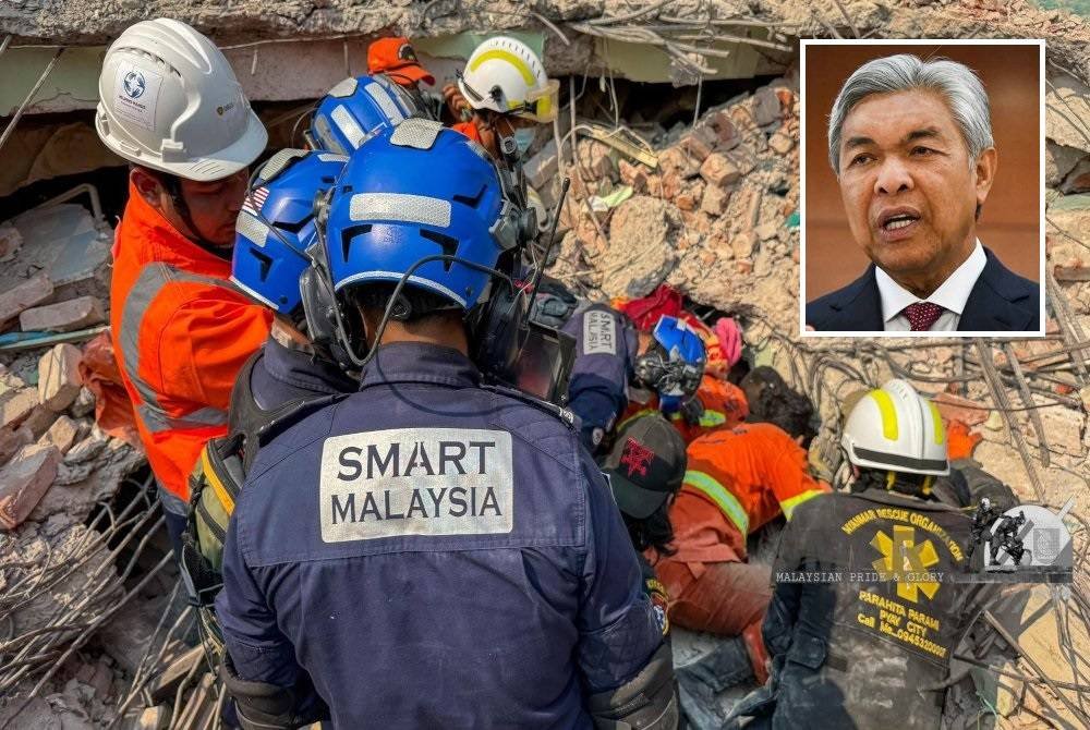 SMART berjaya mengesan dan menyelamatkan seorang mangsa yang masih masih hidup selepas 72 jam terperangkap di bawah runtuhan gempa bumi di daerah Sagaing, Myanmar, petang tadi. Foto FB Ahmad Zahid Hamidi