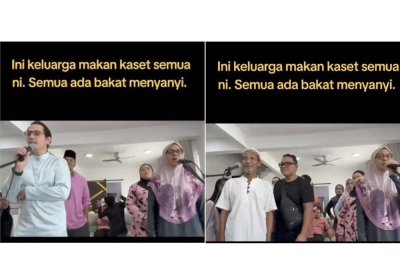 Idris (kiri) bernyanyi bersama keluarganya.