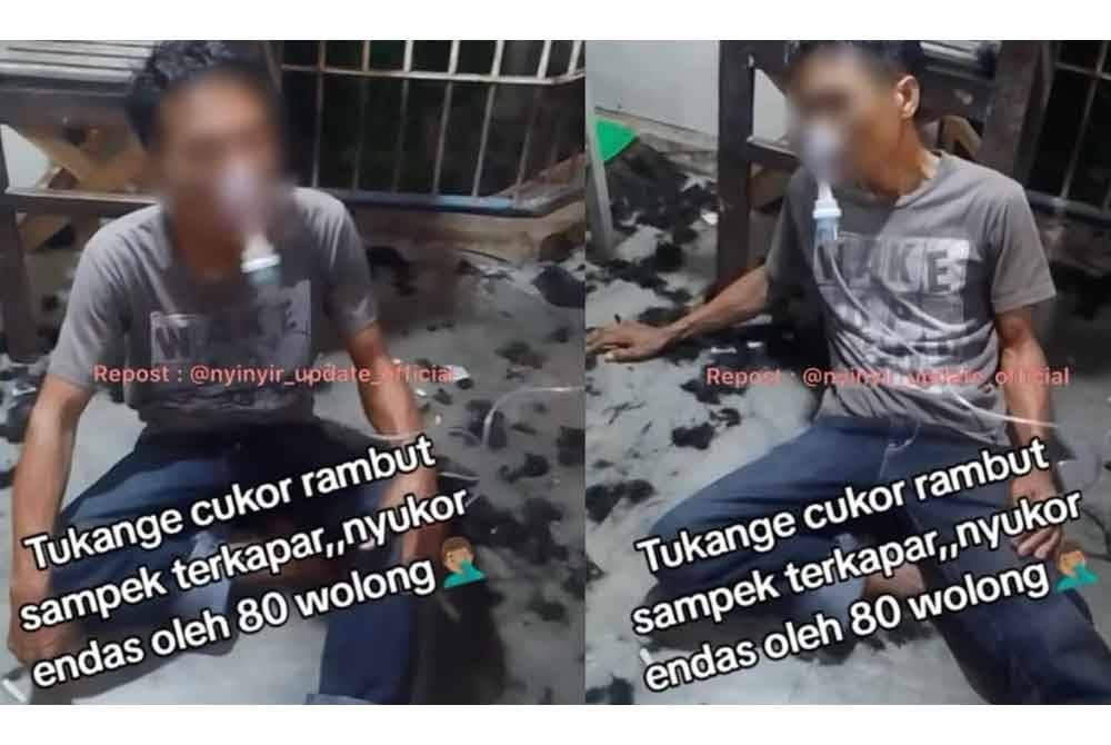 Seorang tukang gunting rambut di Indonesia terpaksa menggunakan alat bantuan pernafasan selepas mengalami keletihan melampau. Gambar sumber nyinyir_update_official