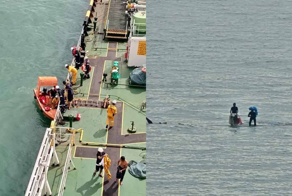 Dua nelayan warga Indonesia terselamat selepas bot mereka terbalik dipukul ombak kuat di perairan Pulau Tengah, Pelabuhan Klang, semalam. Foto Maritim Malaysia