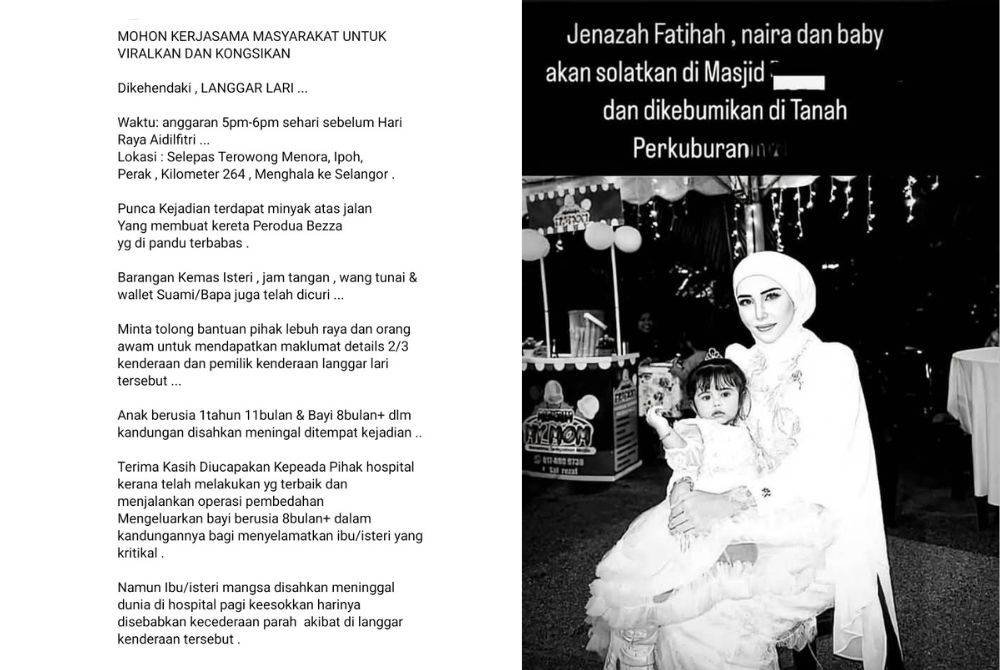 Hantaran yang tular di media sosial sejak Rabu (kiri) dan jenazah Nur Fatihah bersama anaknya, Naira Falisha serta bayi dalam kandungan telah selamat dikebumikan pada Isnin.