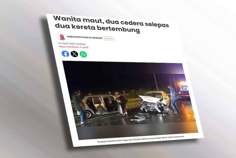 Wanita maut, dua cedera selepas dua kereta bertembung.
