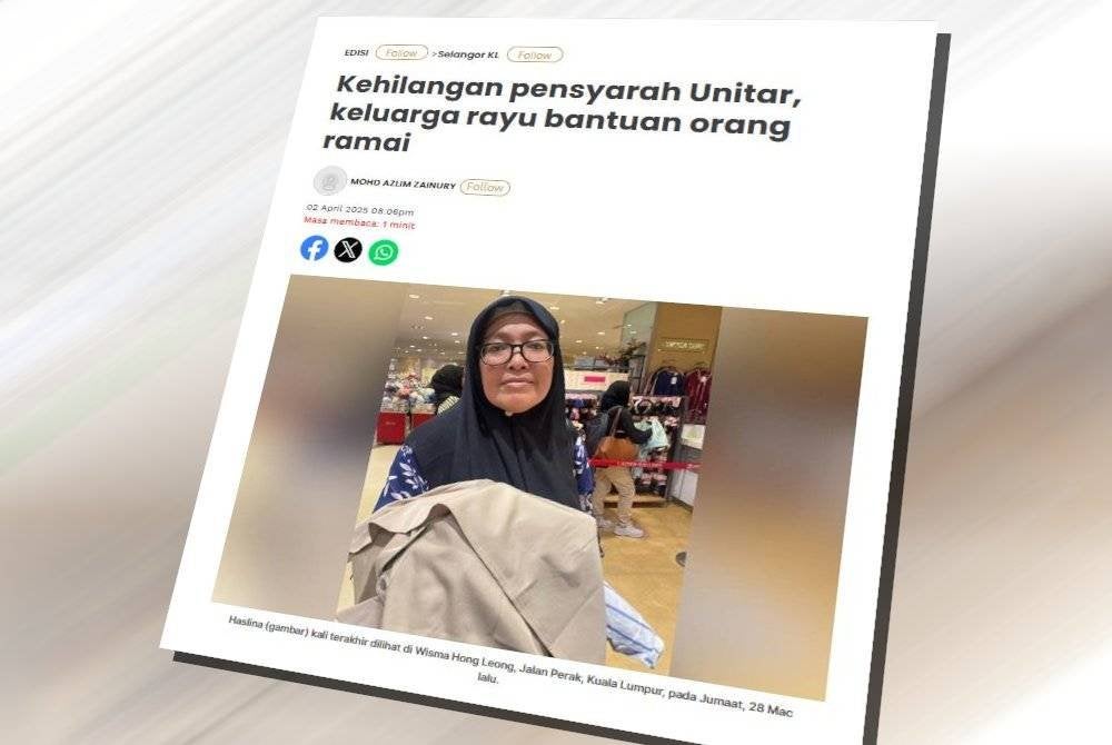 Laporan Sinar Harian berhubung kehilangan pensyarah Unitar, keluarga rayu bantuan orang ramai.
