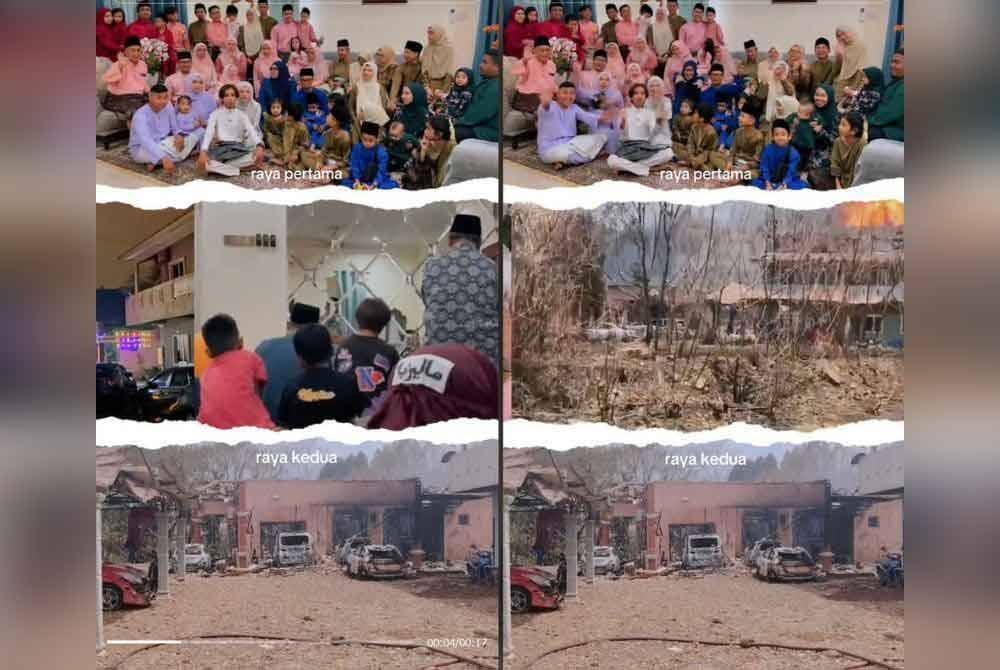 Kemeriahan keluarga pesara itu bersama anak, menantu dan cucu meraikan hari pertama Aidilfitri dikongsikan @emxakmxr menerusi video TikTok, yang turut memaparkan keadaan kawasan rumah itu selepas musnah dijilat api dalam kebakaran di Putra Heights pada hari raya kedua. Foto tangkap layar Tiktok @emxakmxr