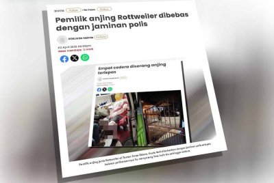 Laporan Sinar Harian berkaitan dua anjing Rottweiler serang lima individu.