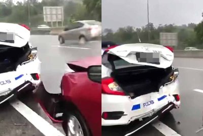 Tangkap layar video tular kemalangan membabitkan tiga kenderaan termasuk sebuah MPV polis ketika sedang melakukan penugasan di Kilometer 32.9 LEKAS, Seremban.