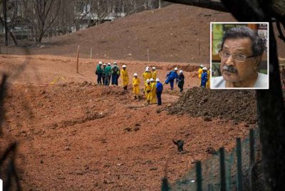 Pertugas dari pelbagai agensi meninjau keadaan semasa lokasi kejadian kebakaran paip gas Jalan Putra Harmoni, ketika tinjauan foto Bernama Putra Heights hari ini. Foto kecil: Mohideen