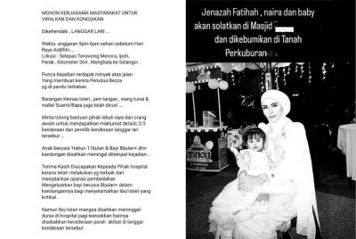 Hantaran yang tular di media sosial sejak Rabu (kiri) dan jenazah Nur Fatihah bersama anaknya, Naira Falisha serta bayi dalam kandungan telah selamat dikebumikan pada Isnin.