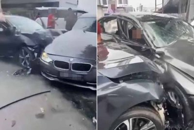 Honda Civic merempuh tiga kenderaan lain dalam satu kemalangan di Jalan Kebun Teh, di sini, pada Isnin lalu.