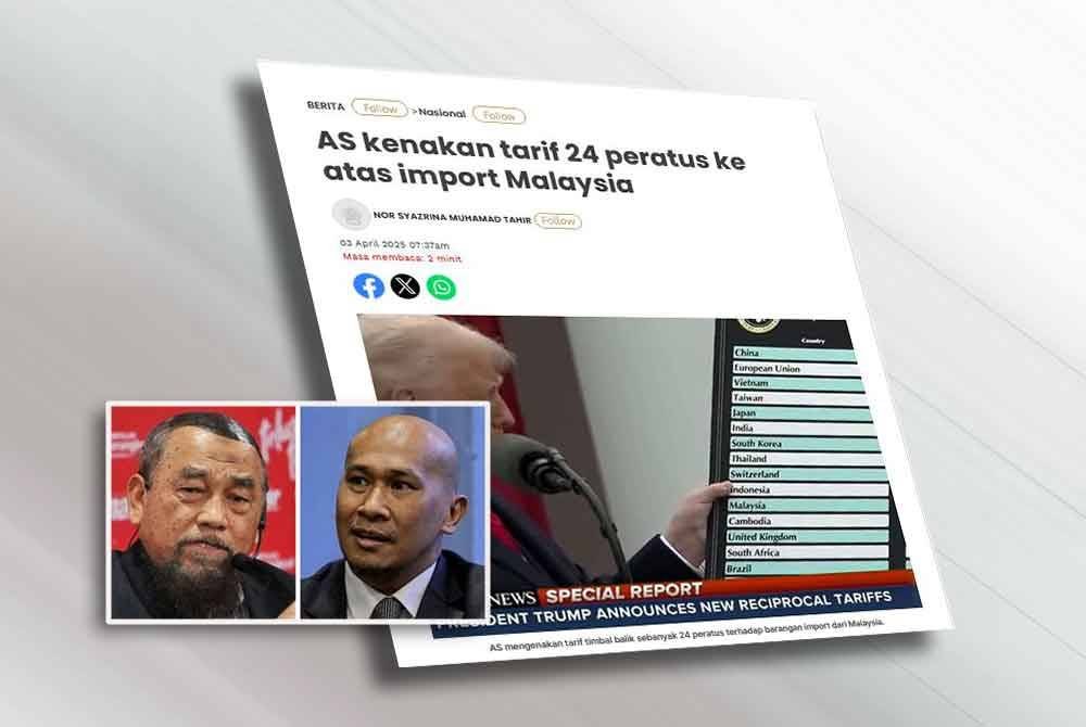 Laporan Sinar Harian berhubung tarif baharu dikenakan AS ke atas import Malaysia 24 peratus. Gambar kecil: Barjoyai dan Mohd Afzanizam