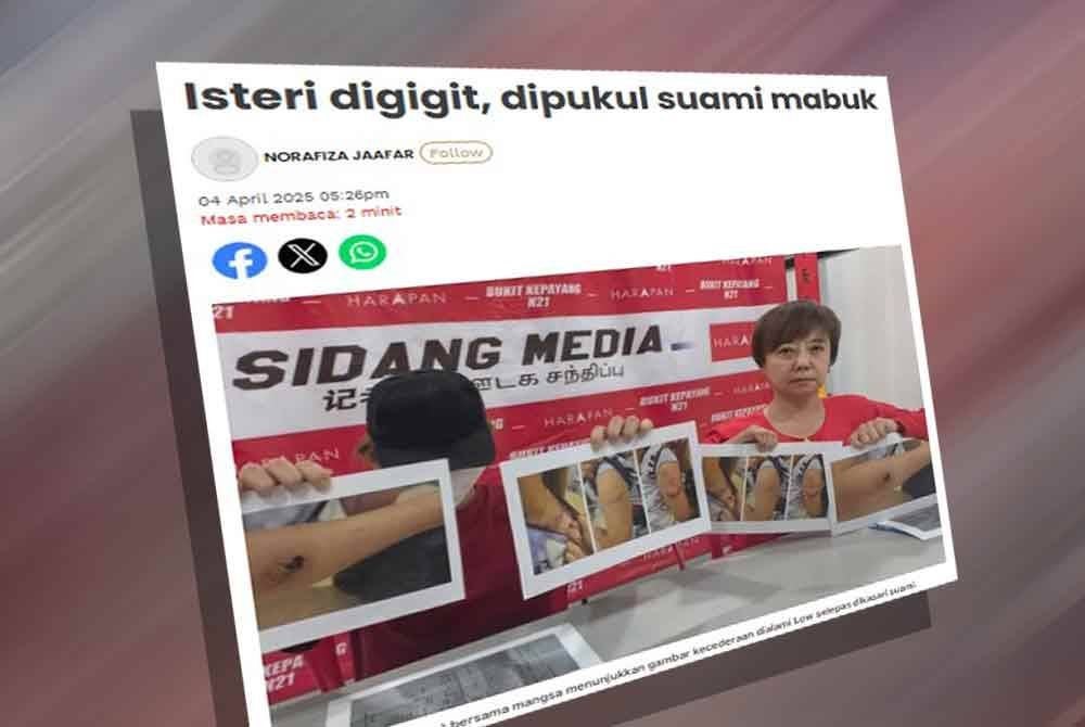 Laporan Sinar Harian pada Jumaat berkaitan isteri dipukul suami mabuk.