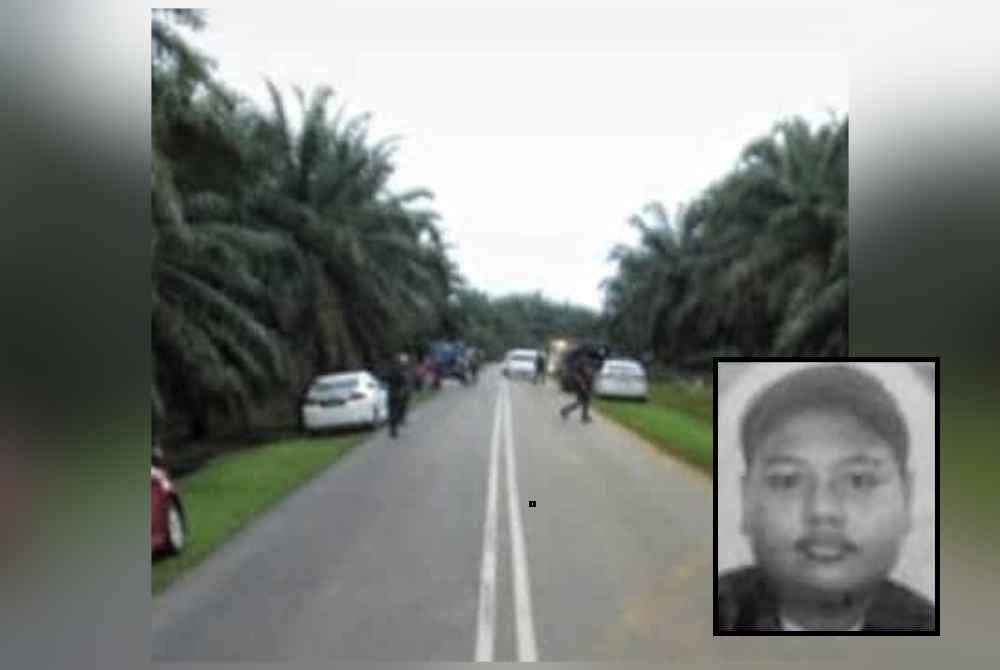 Lokasi remaja berusia 16 tahun maut manakala sepupunya cedera selepas motosikal yang ditunggangi mereka terbabas dan terjatuh di Kilometer 24, Jalan Bera- Mayam, petang Jumaat. Gambar kecil: Muhammad Danish. Foto Polis Daerah Bera.