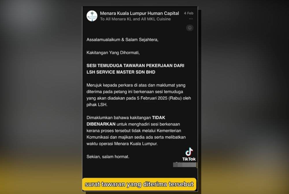 Tangkap layar dikongsikan Indera Bakti tentang surat tawaran diterima bekas kakitangan Menara KL.