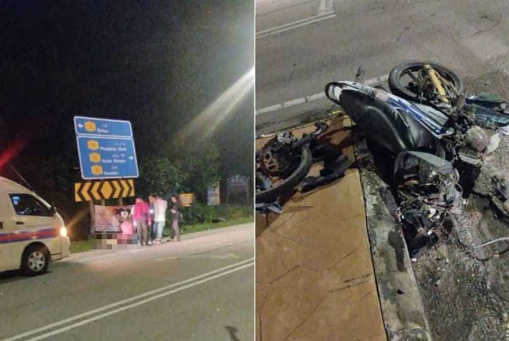 Mangsa, Mohamad Aqil Ameer Mohd Kamsalruzam, 18, disahkan meninggal dunia di lokasi kejadian. Gambar kanan: Keadaan motosikal mangsa selepas terlibat kemalangan di Kilometer 132, Jalan Kuantan-Seremban pada Sabtu. Foto FB Ibam Sejahtera