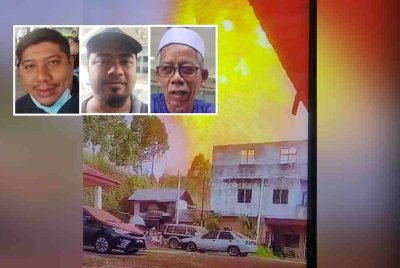 Kebocoran gas yang berlaku berdekatan Kampung Kuala Sungai Baru pada Selasa lalu. Gambar kecil: Mohd Badly, Irwan Zulhelmi, Baharuddin