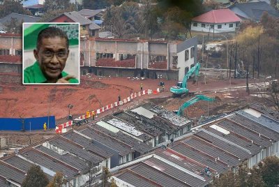 Keadaan semasa kawasan kebakaran yang melibatkan saluran paip gas di Jalan Putra Harmoni, Putra Heights. (Foto Bernama) Gambar kecil: Takiyuddin