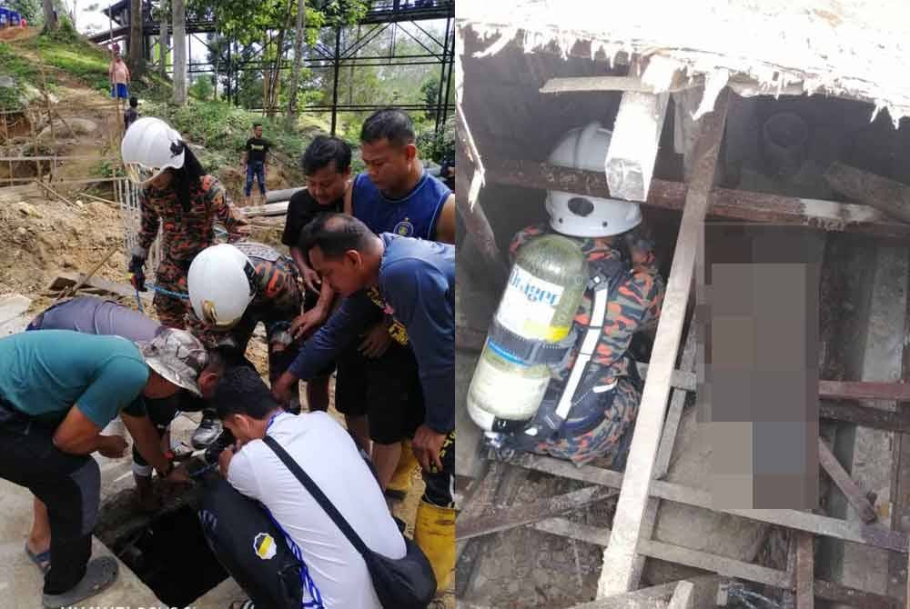 Pasukan bomba dan orang awam membantu mengeluarkan mangsa yang terperangkap dalam lubang pembetung di Sumpitan, Lenggong. Foto ihsan Bomba Perak