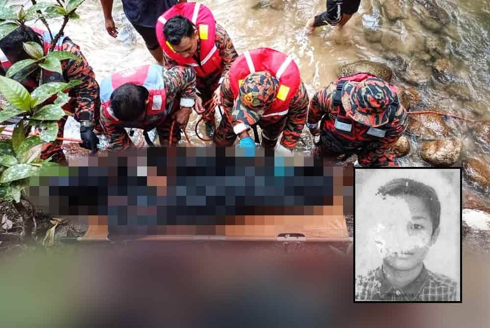 Mangsa dibawa naik ke atas menggunakan pengusung dan peralatan tali menyelamat sebelum diserahkan kepada pihak polis dan dihantar ke Hospital Raub. Foto ihsan JBPM, gambar kecil: Muhammad Shahrul Ikwan