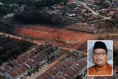 Keadaan semasa di kawasan kebakaran melibatkan kebocoran saluran paip gas di Jalan Putra Harmoni, Putra Heights. Foto Bernama (Gambar kecil: Mohd Zaffarollah)